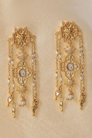 Golden Handcrafted Traditional Motifs Layered Dangler Earrings