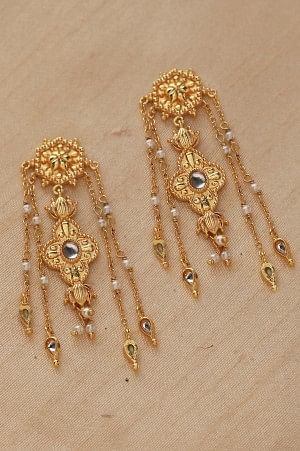 Golden Handcrafted Traditional Motifs Layered Dangler Earrings