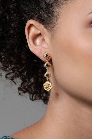 Golden Dangler Earrings with Blue Saphire Stone