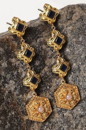 Golden Dangler Earrings with Blue Saphire Stone