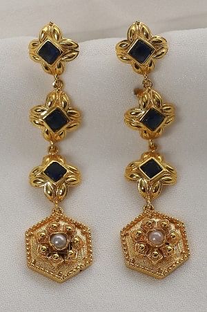 Golden Dangler Earrings with Blue Saphire Stone