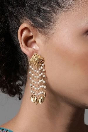 Golden Festive Dangler Earrings with Pearl Strands