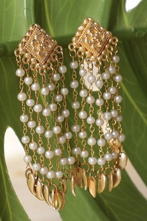 Golden Festive Dangler Earrings with Pearl Strands