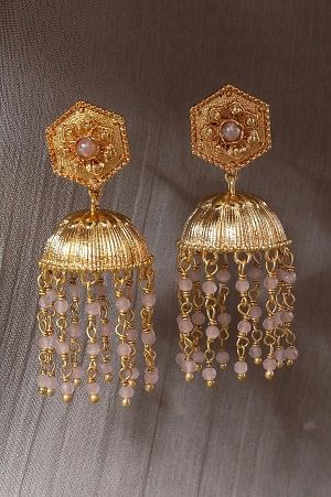 Pink Beaded Traditional Golden Jhumkis