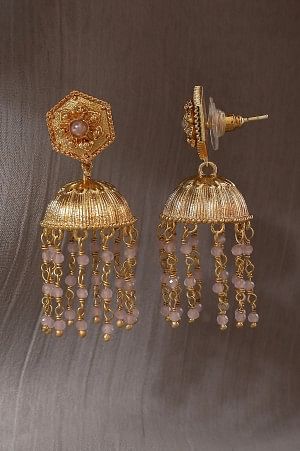 Pink Beaded Traditional Golden Jhumkis