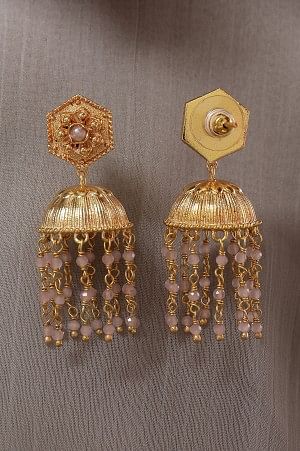 Pink Beaded Traditional Golden Jhumkis