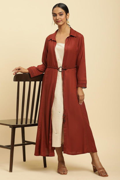 Rust Red Front Open Jacket And Strappy Dress Set - wforwoman