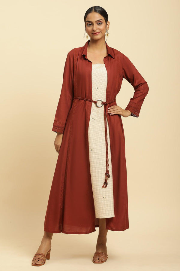Rust Red Front Open Jacket And Strappy Dress Set