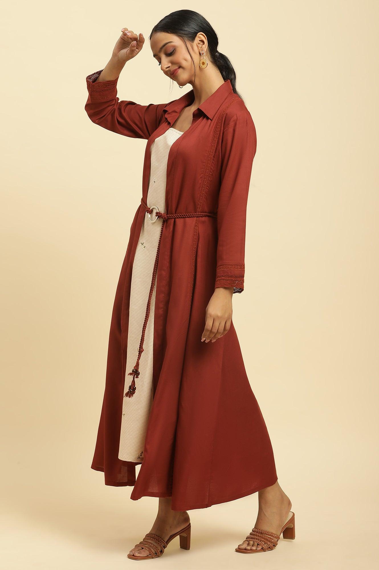 Rust Red Front Open Jacket And Strappy Dress Set - wforwoman