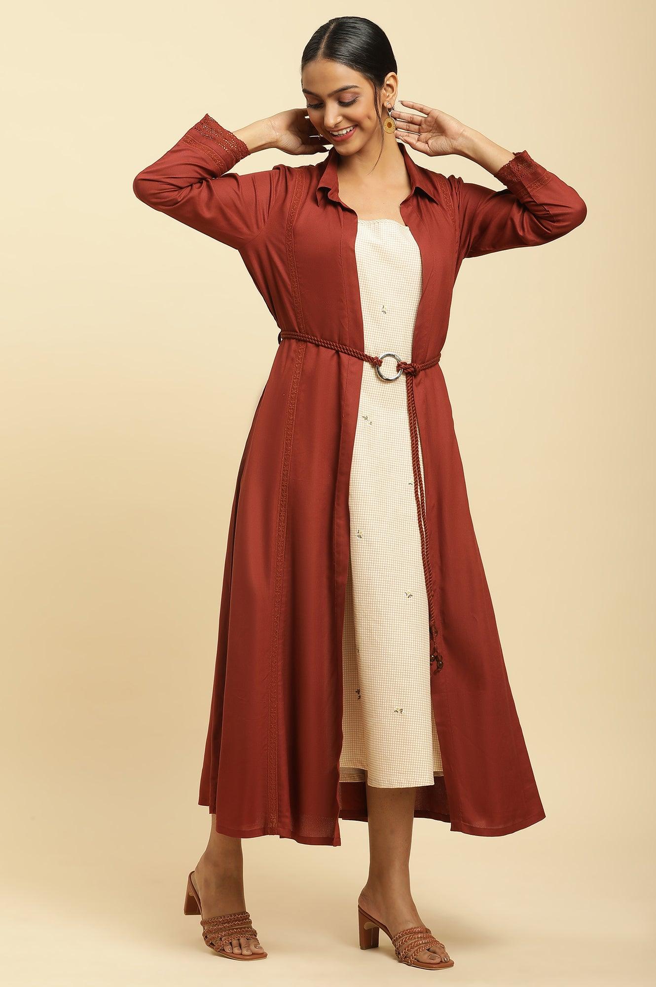 Rust Red Front Open Jacket And Strappy Dress Set - wforwoman