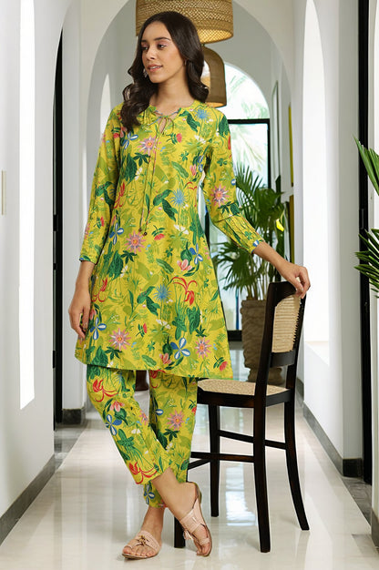 Green Floral Printed A-Line Kurta &amp; Pants Co-Ord Set