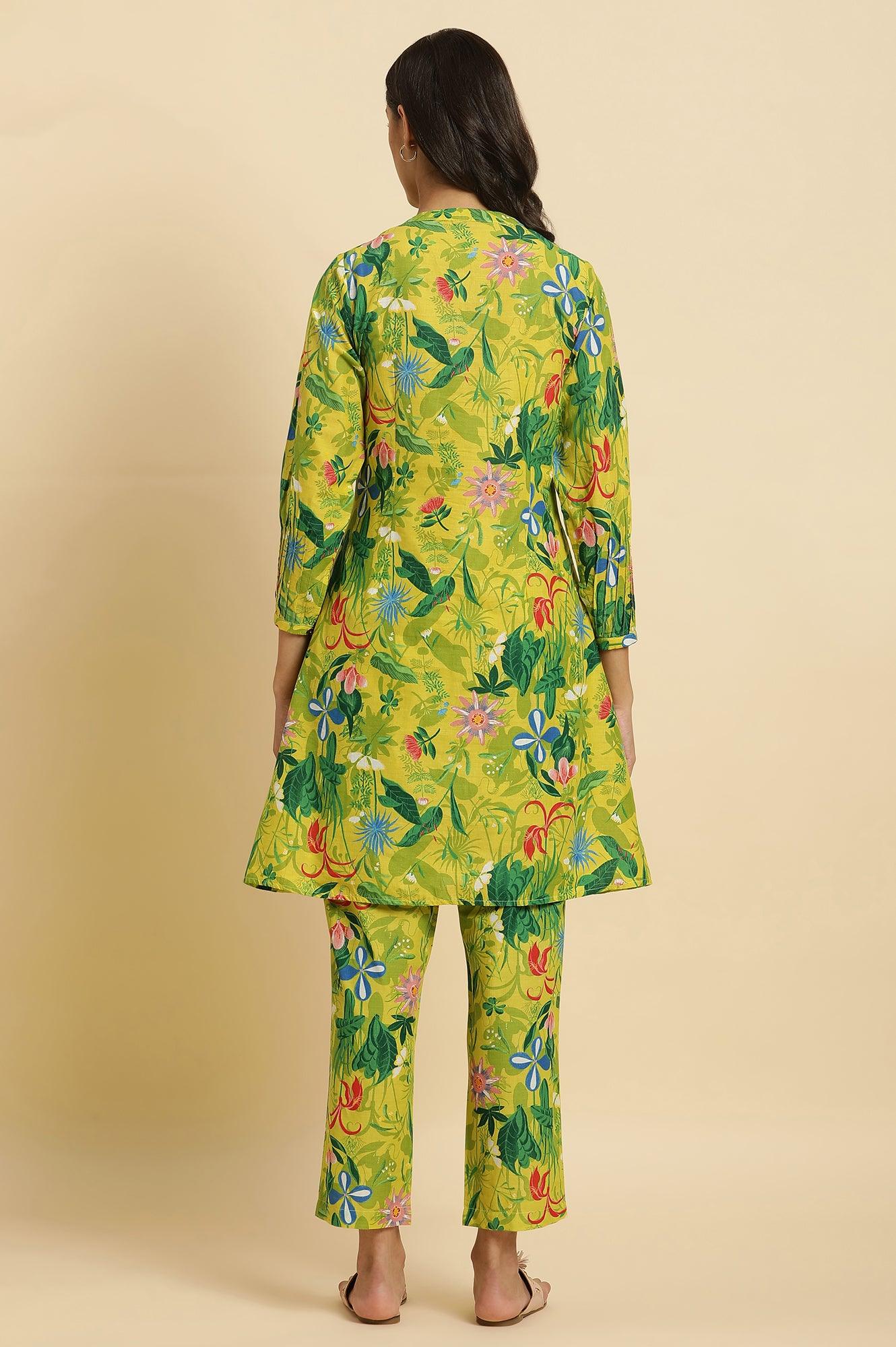 Green Floral Printed A-Line Kurta &amp; Pants Co-Ord Set - wforwoman