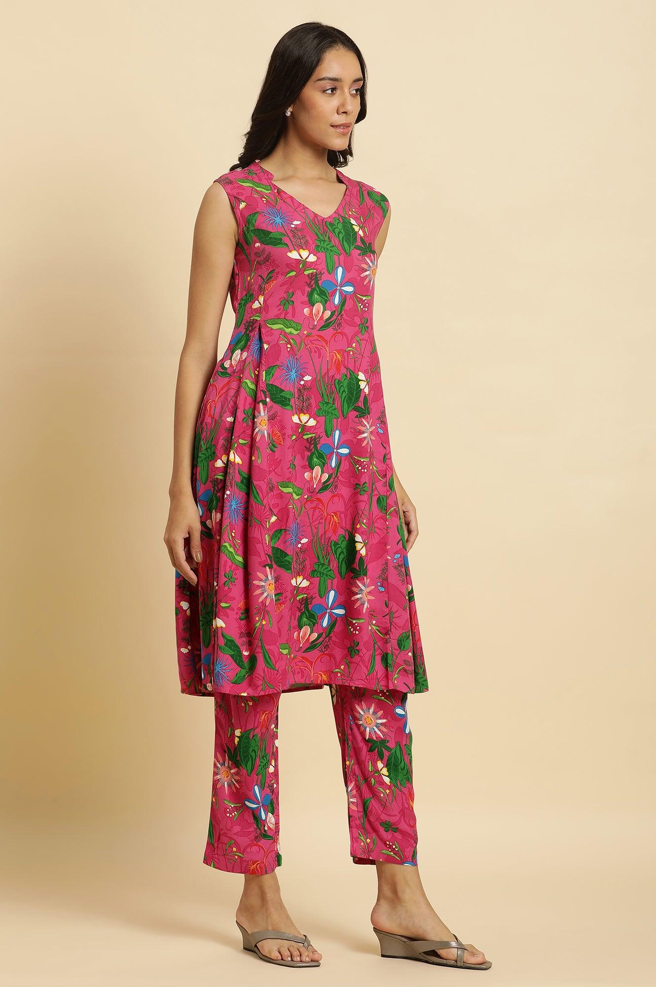 Pink Floral Printed Sleeveless Kurta &amp; Pants Co-Ord Set - wforwoman