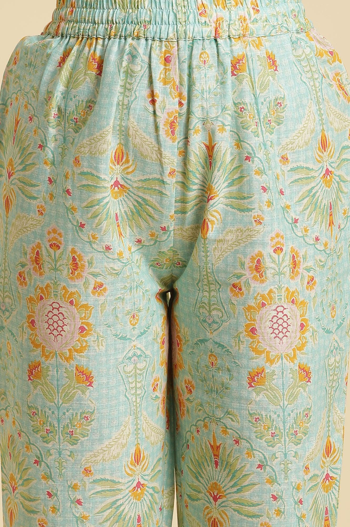 Light Green Floral Printed Kurta, Pants &amp; Dupatta Set - wforwoman