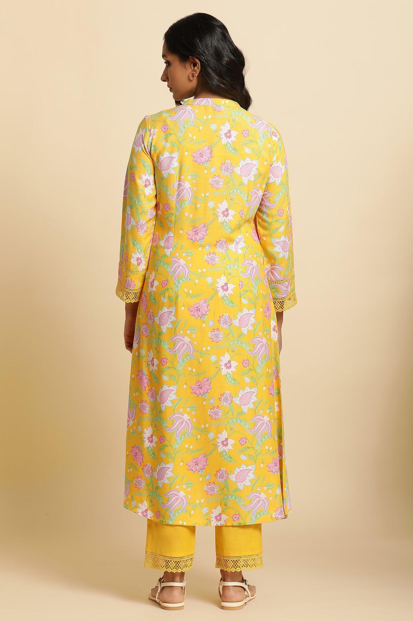 Bright Yellow Floral Printed Kurta &amp; Pants Set - wforwoman