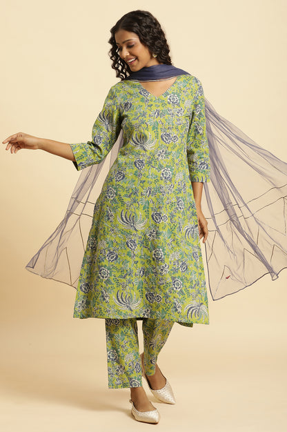 Light Green Floral Printed Kurta, Pants And Dupatta Set - wforwoman