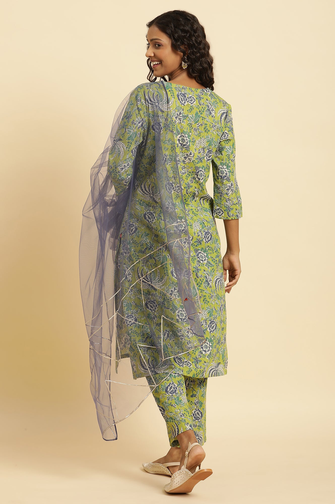 Light Green Floral Printed Kurta, Pants And Dupatta Set - wforwoman