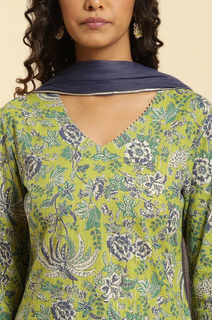 Light Green Floral Printed Kurta, Pants And Dupatta Set - wforwoman