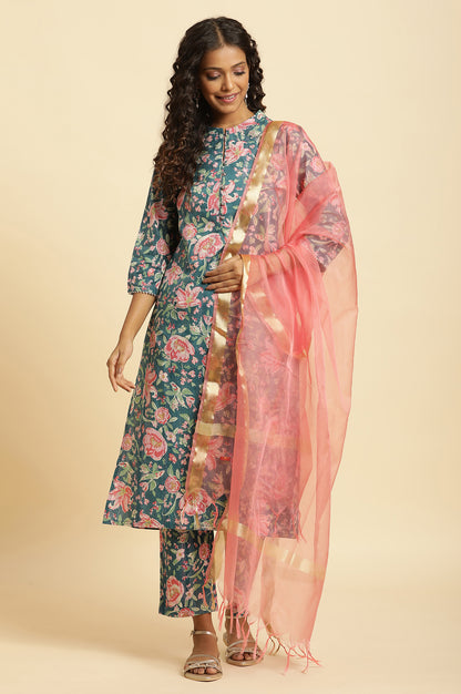 Teal Blue Printed Kurta, Bottom And Organza Dupatta Set - wforwoman