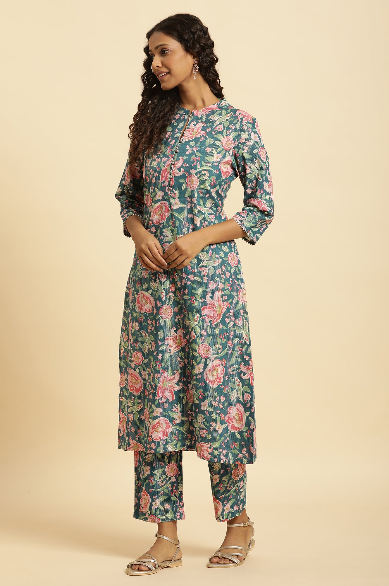 Teal Blue Printed Kurta, Bottom And Organza Dupatta Set - wforwoman