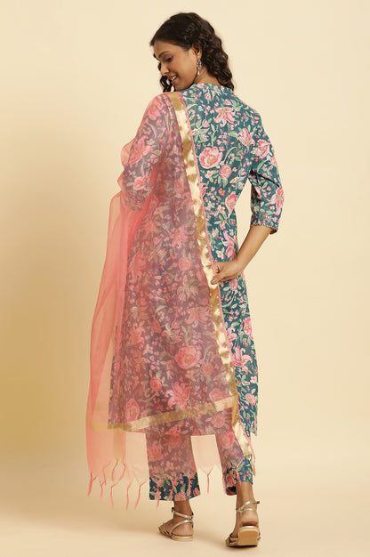 Teal Blue Printed Kurta, Bottom And Organza Dupatta Set - wforwoman