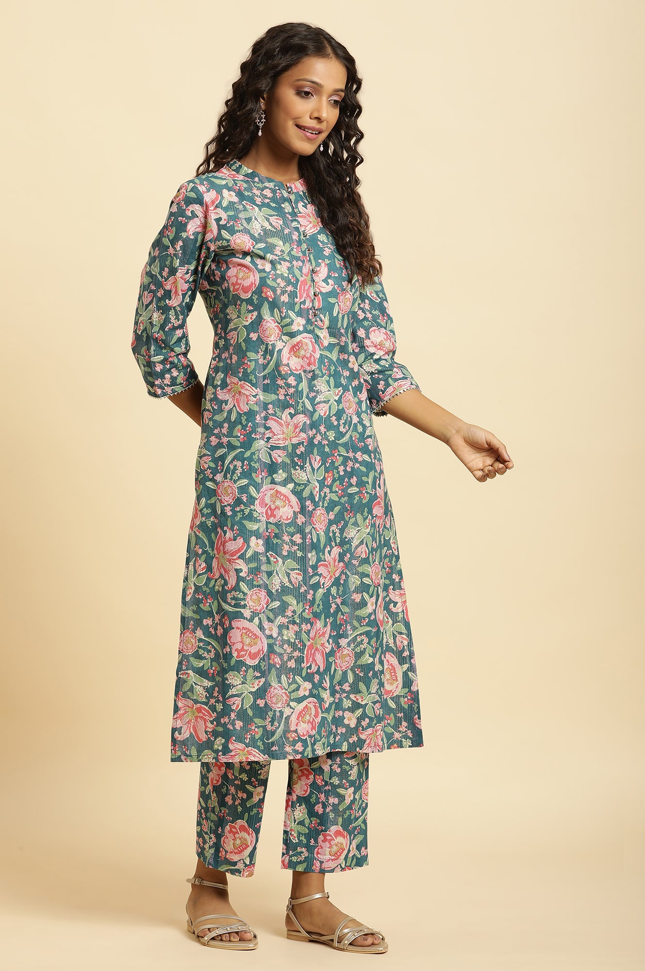 Teal Blue Printed Kurta, Bottom And Organza Dupatta Set - wforwoman