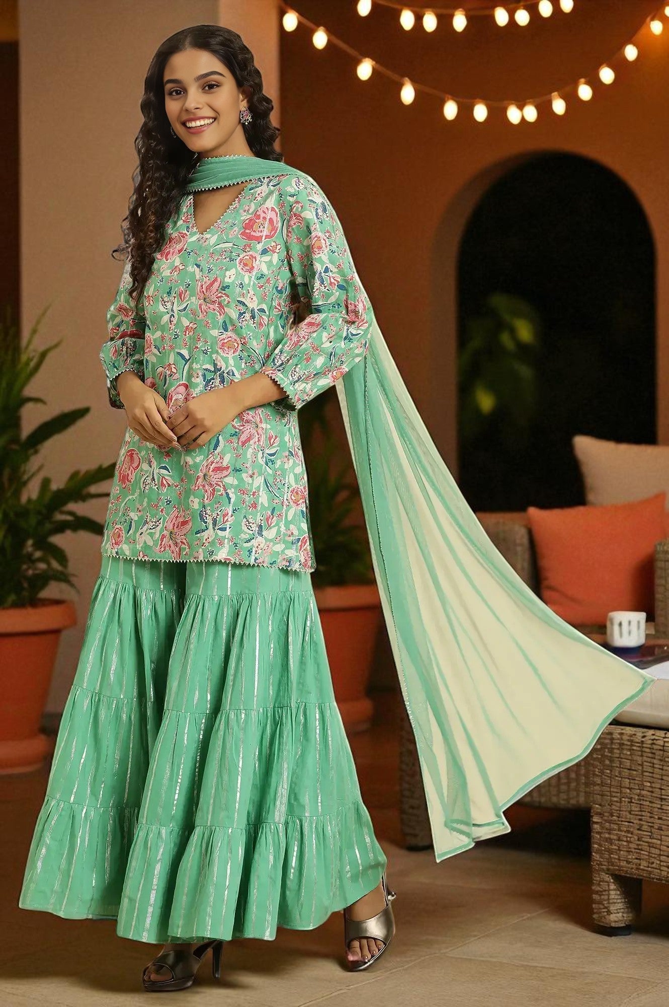Mint Green Printed Short Kurta, Tiered Sharara and Dupatta Set