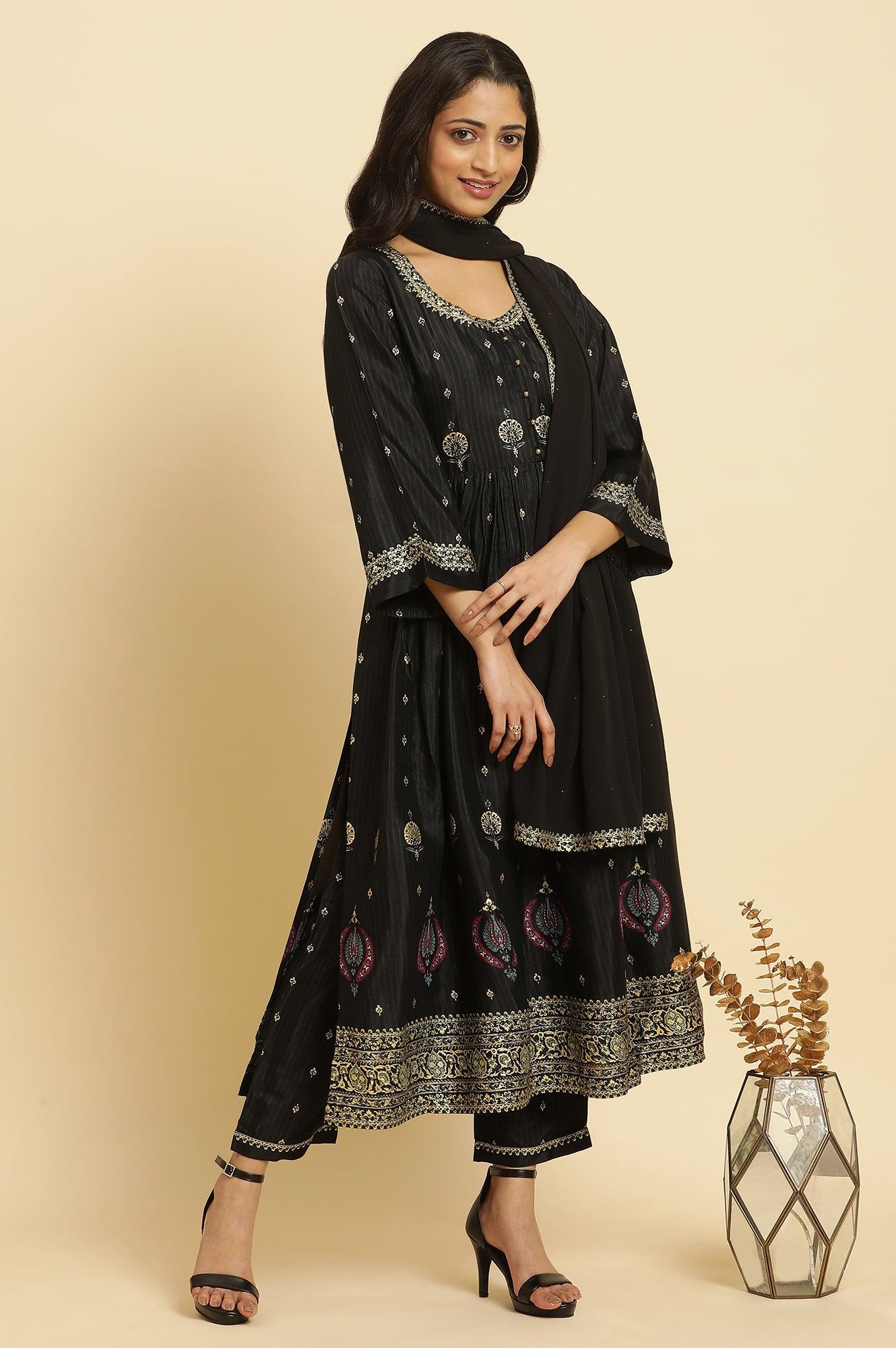 Black Gathered Kurta, Pants And Dupatta Festive Set - wforwoman