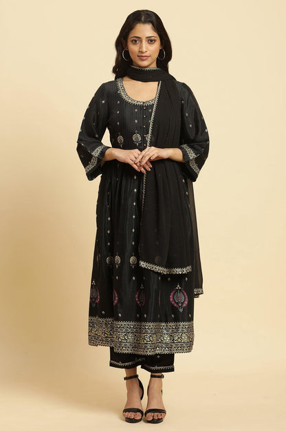 Black Gathered Kurta, Pants And Dupatta Festive Set - wforwoman