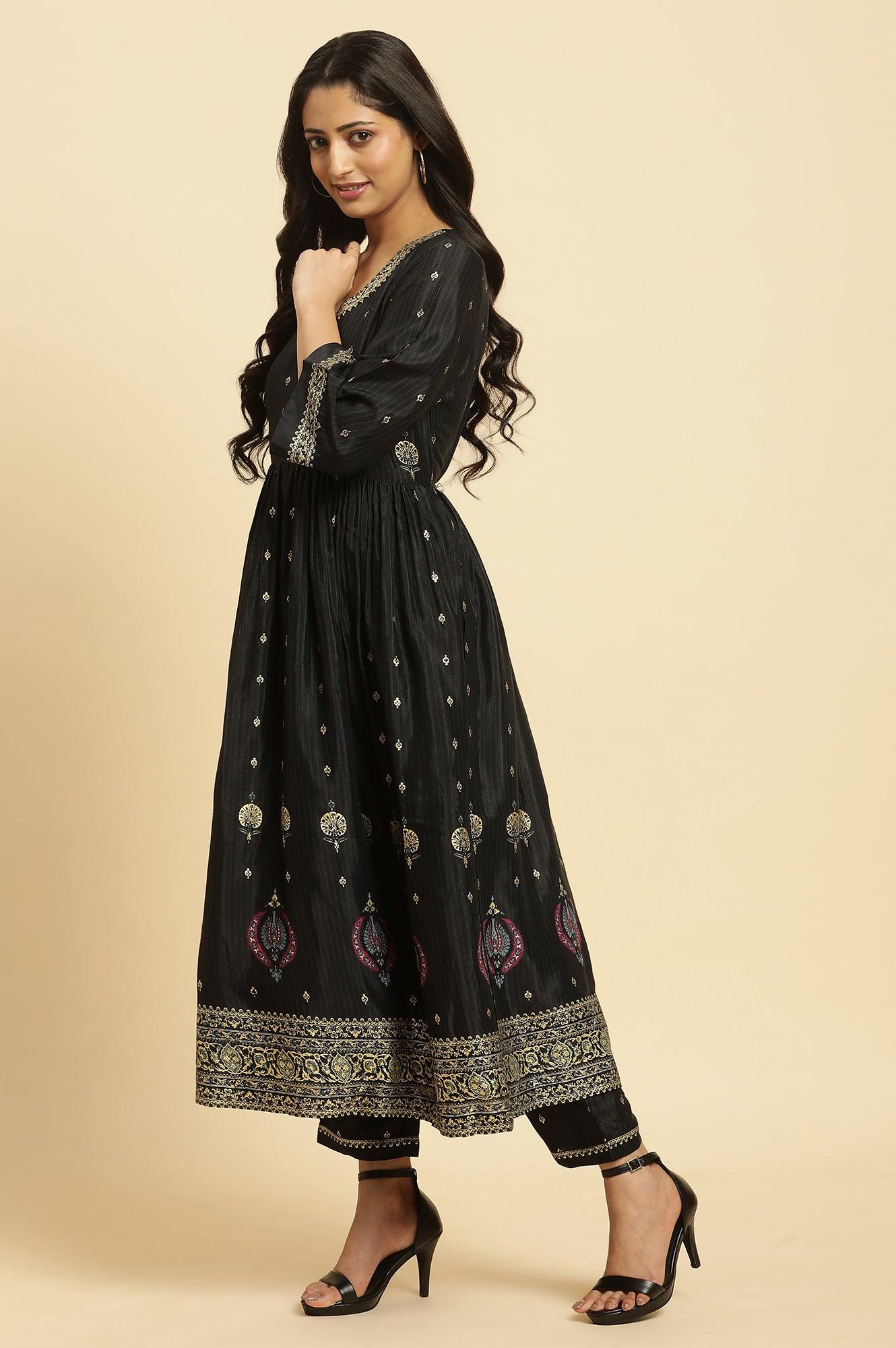 Black Gathered Kurta, Pants And Dupatta Festive Set - wforwoman