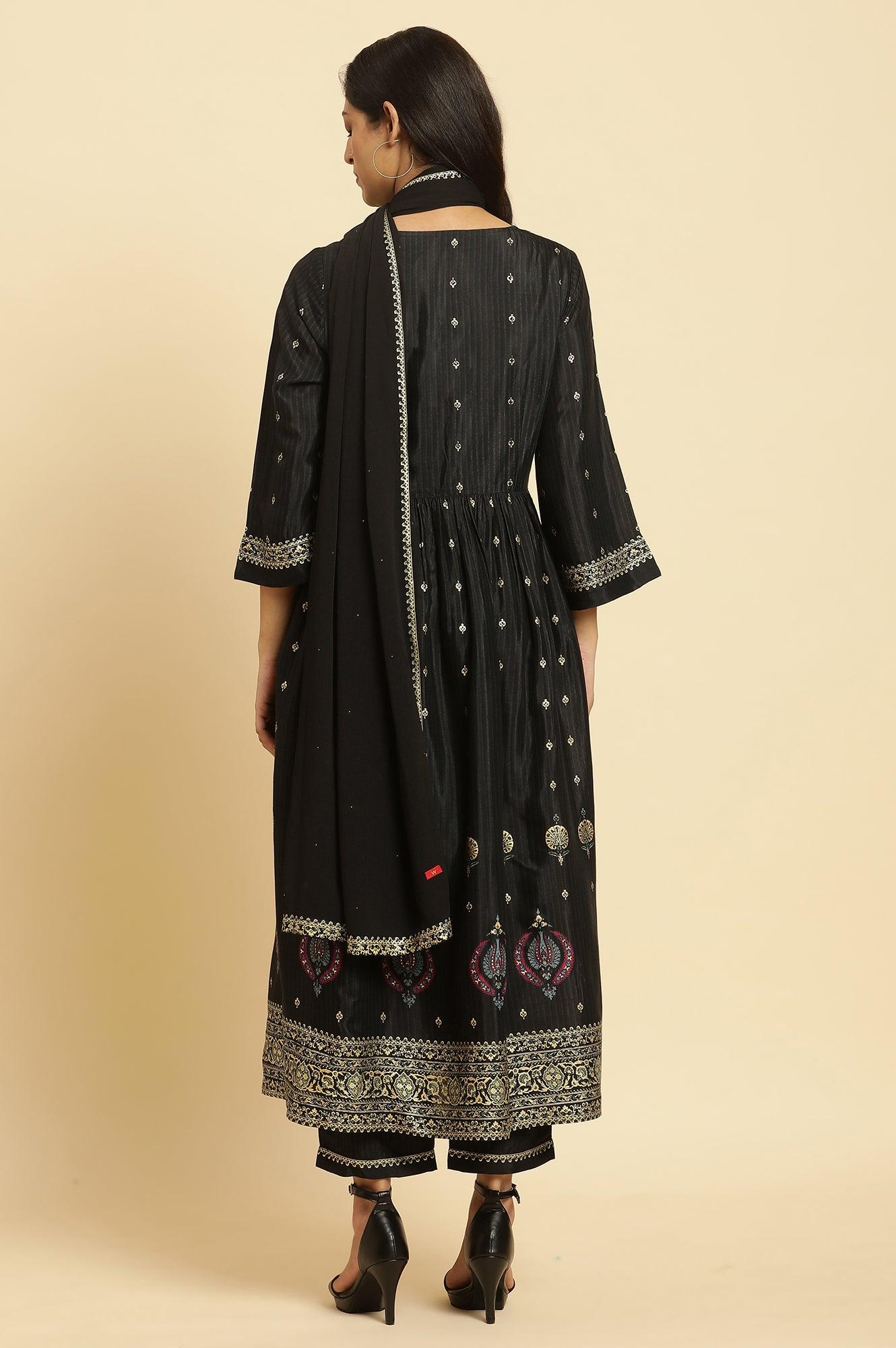 Black Gathered Kurta, Pants And Dupatta Festive Set - wforwoman