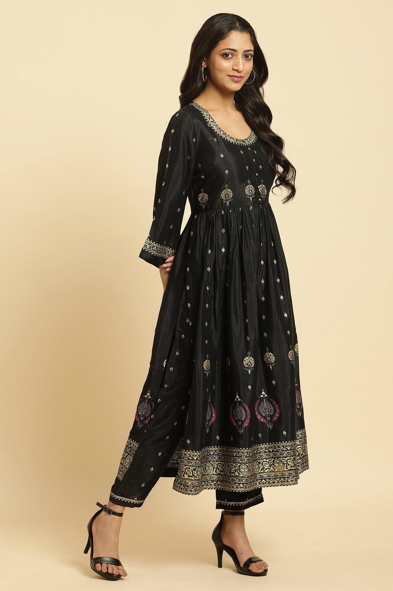 Black Gathered Kurta, Pants And Dupatta Festive Set - wforwoman