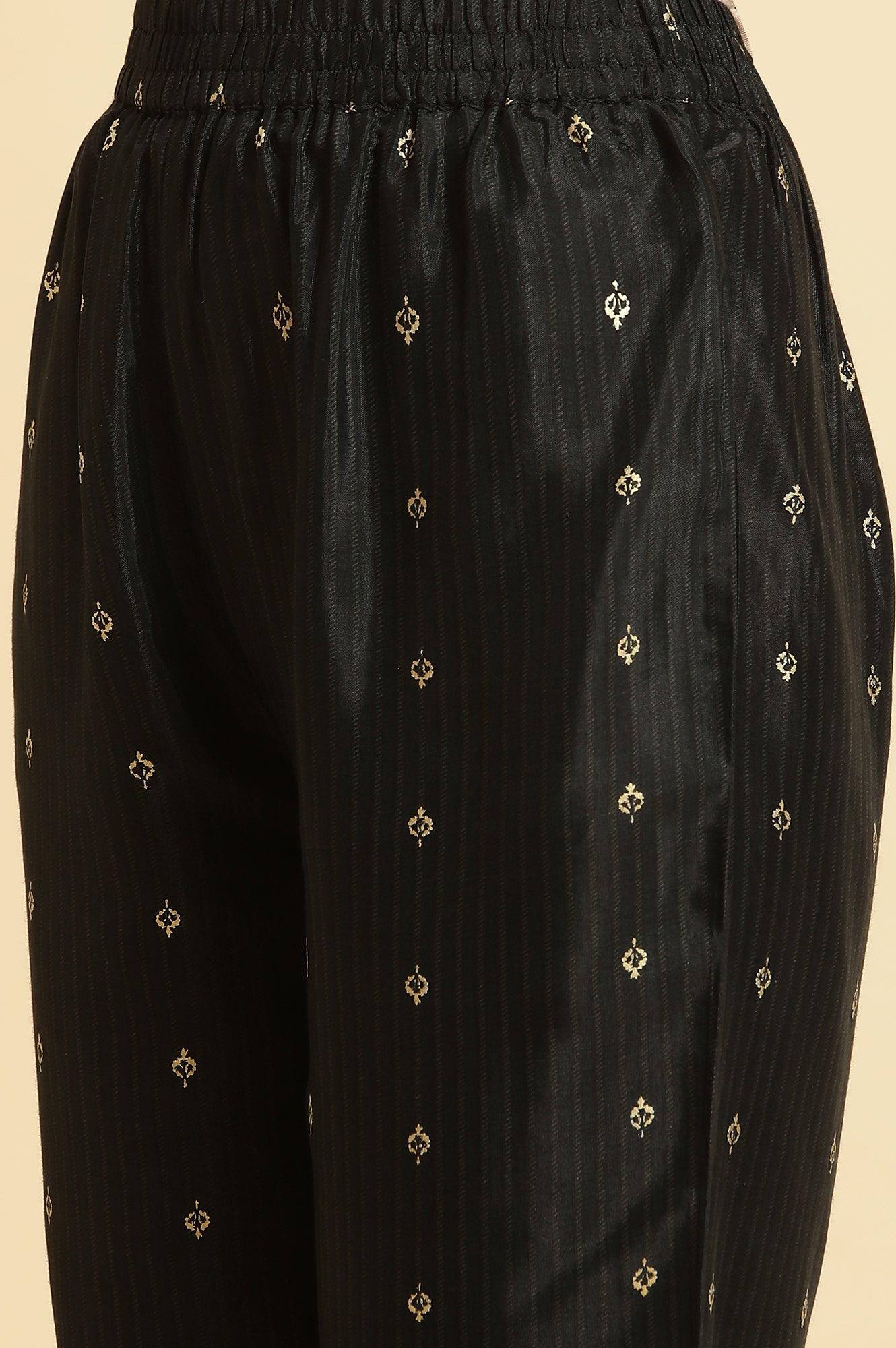 Black Gathered Kurta, Pants And Dupatta Festive Set - wforwoman