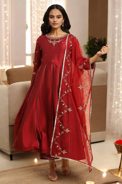 Dark Red Zari Embroidered Festive Kurta, Pant And Dupatta Set