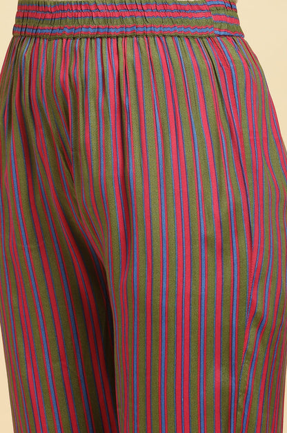 Multicoloured Stripe Printed And Green Embellished Yoke Kurta And Pants Set - wforwoman