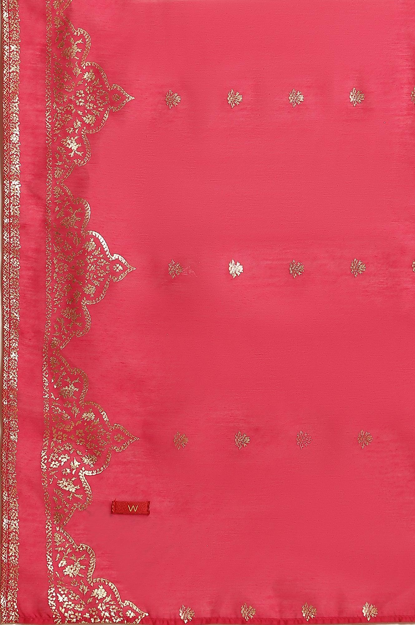 Pink Flared Embroidered Kurta, Pants And Dupatta Set - wforwoman