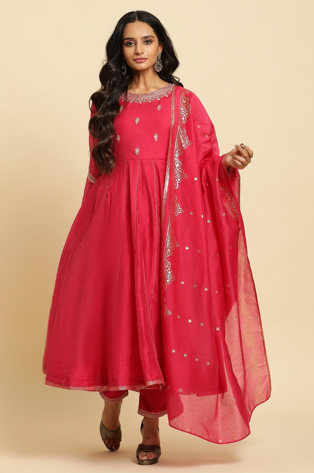 Pink Flared Embroidered Kurta, Pants And Dupatta Set - wforwoman