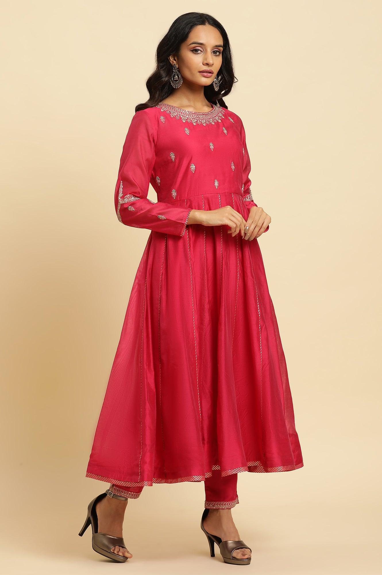 Pink Flared Embroidered Kurta, Pants And Dupatta Set - wforwoman