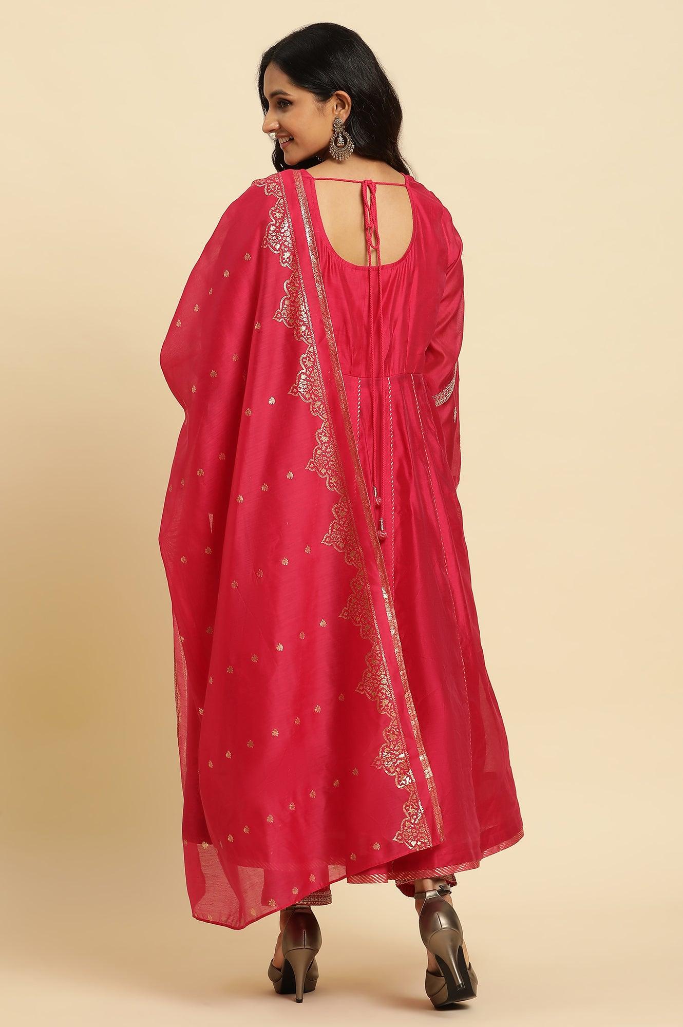 Pink Flared Embroidered Kurta, Pants And Dupatta Set - wforwoman