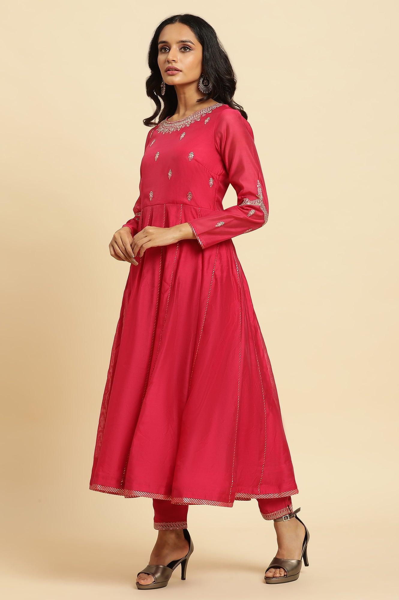 Pink Flared Embroidered Kurta, Pants And Dupatta Set - wforwoman