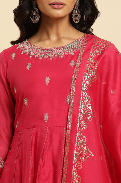 Pink Flared Embroidered Kurta, Pants And Dupatta Set - wforwoman