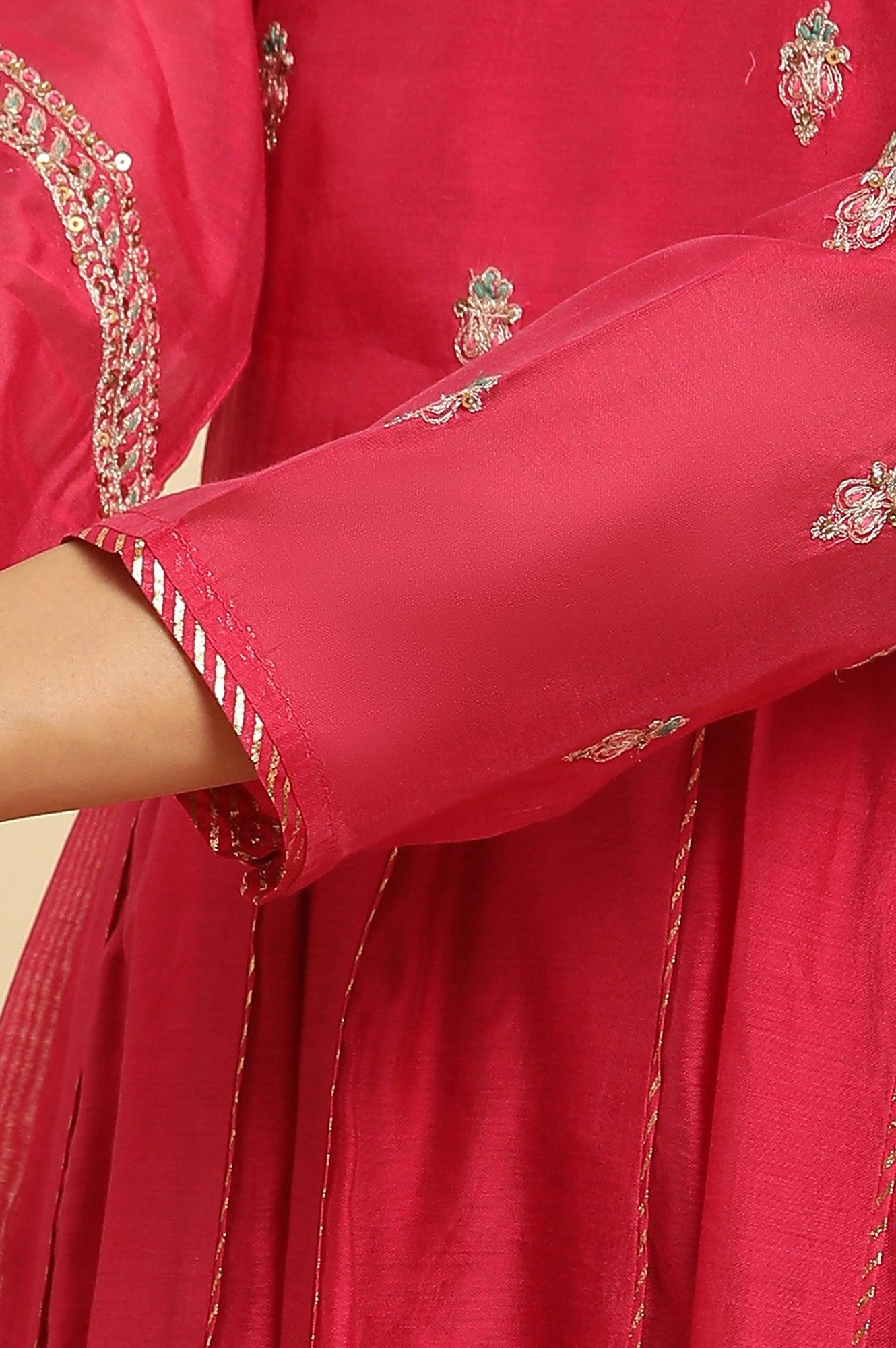 Pink Flared Embroidered Kurta, Pants And Dupatta Set - wforwoman