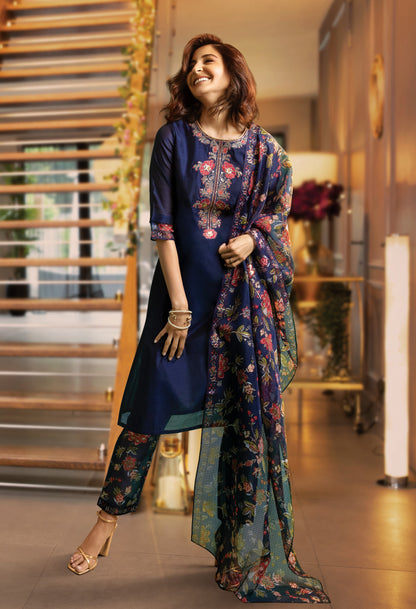 Royal Blue Embroidered Kurta, Pants And Dupatta Set