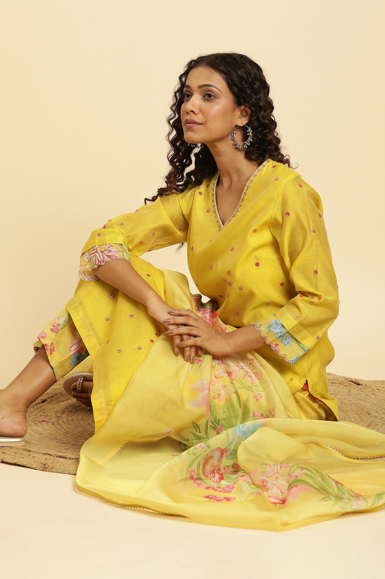 Yellow Metallic Embroidered Kurta, Pants And Organza Dupatta - wforwoman