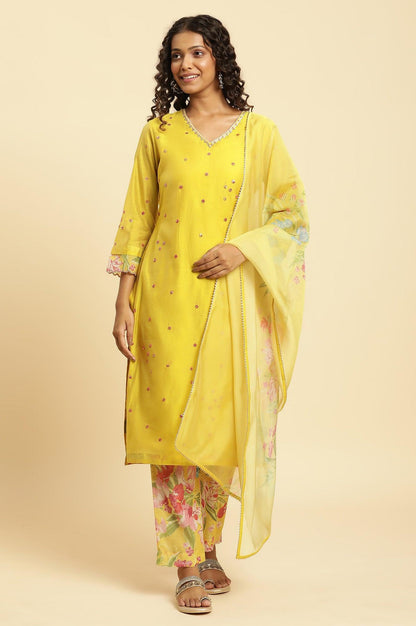 Yellow Metallic Embroidered Kurta, Pants And Organza Dupatta - wforwoman