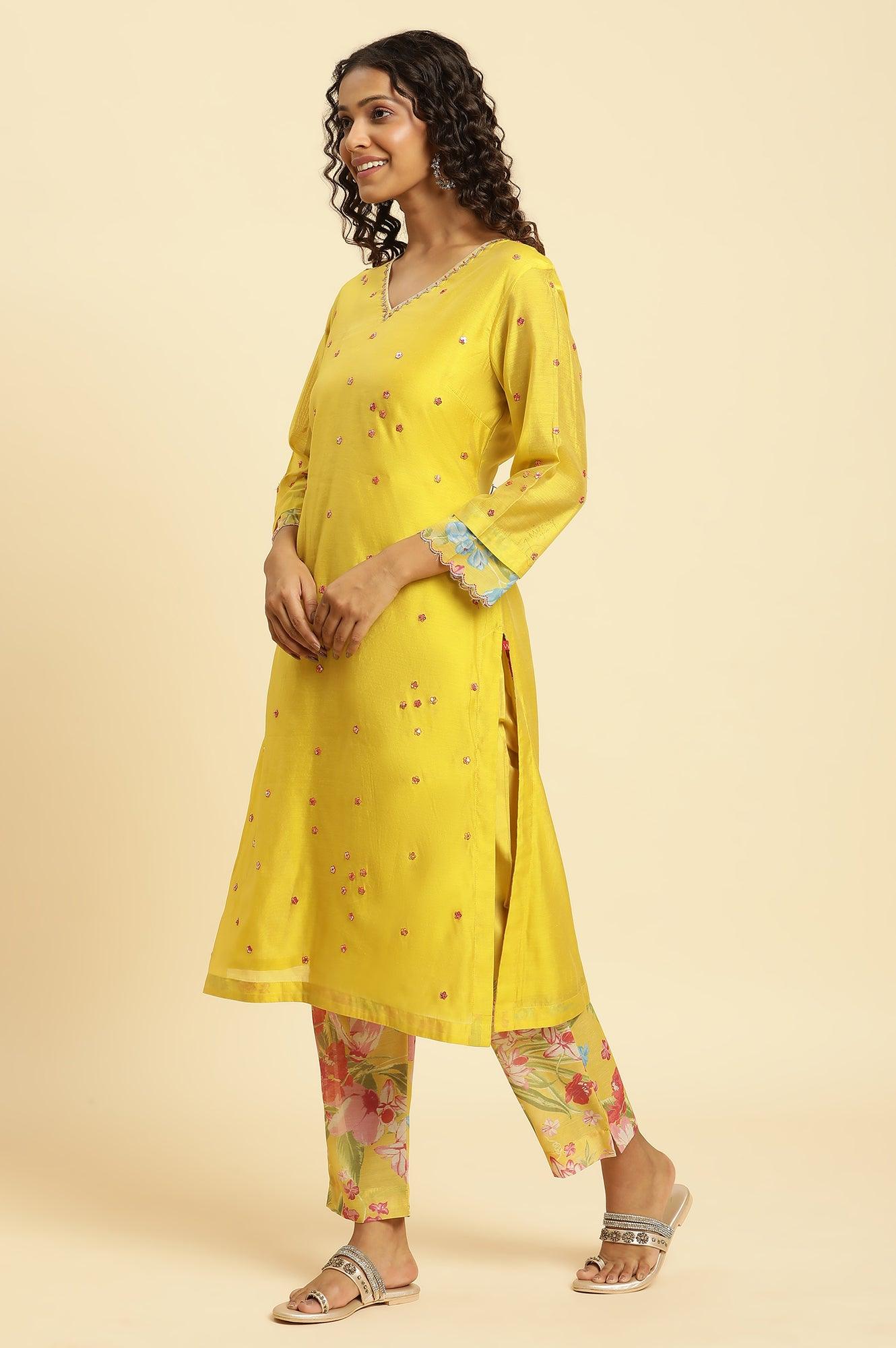 Yellow Metallic Embroidered Kurta, Pants And Organza Dupatta - wforwoman