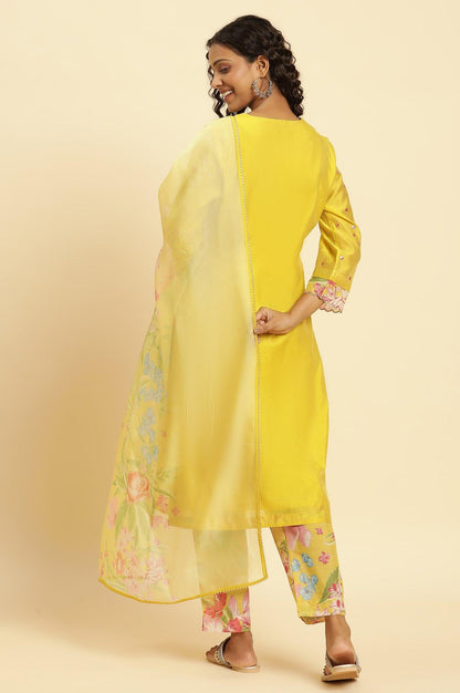 Yellow Metallic Embroidered Kurta, Pants And Organza Dupatta - wforwoman