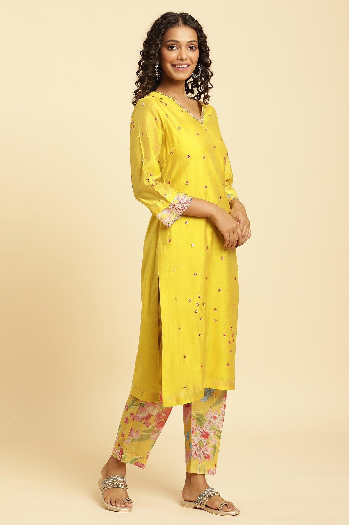 Yellow Metallic Embroidered Kurta, Pants And Organza Dupatta - wforwoman