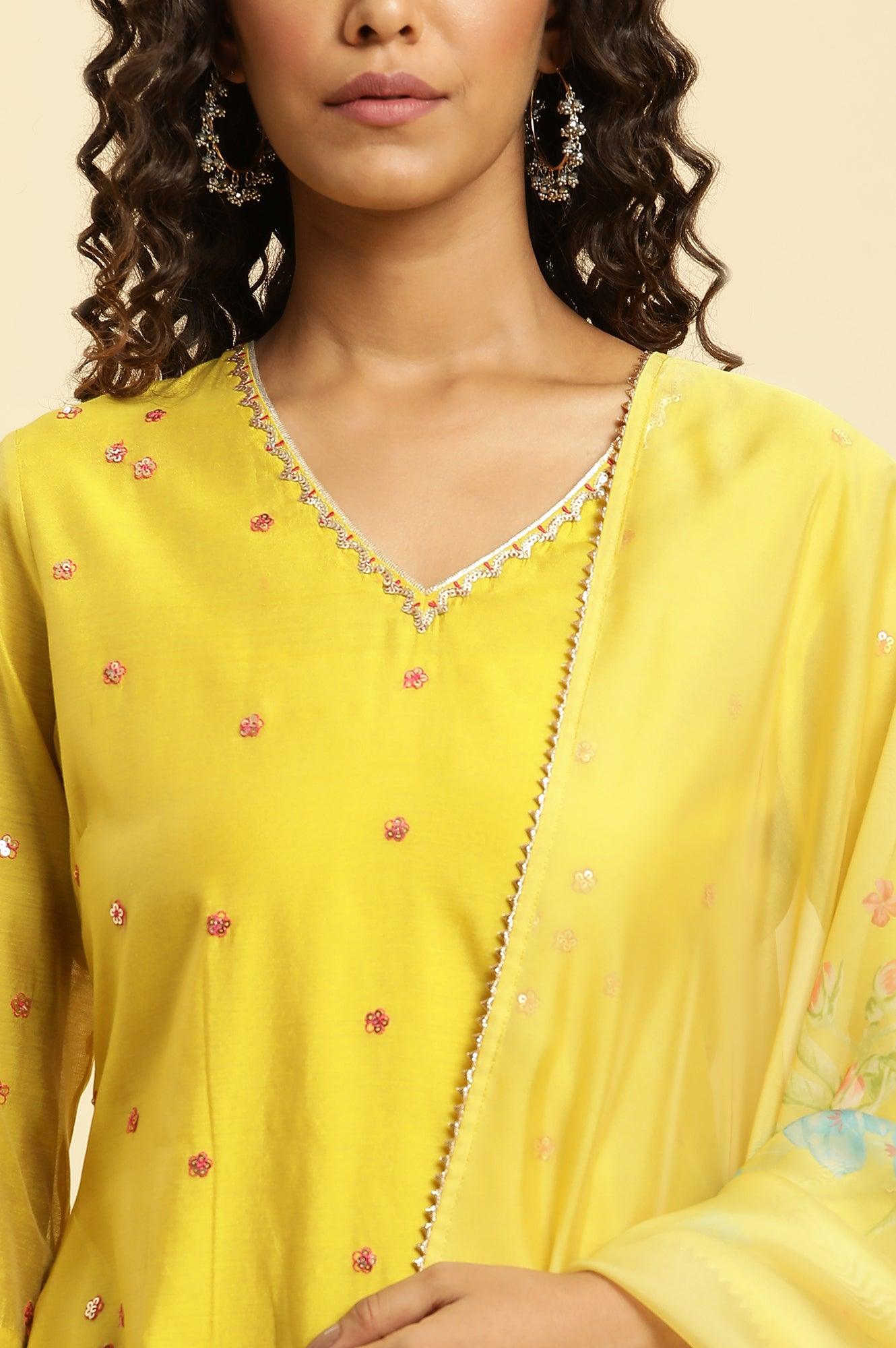 Yellow Metallic Embroidered Kurta, Pants And Organza Dupatta - wforwoman