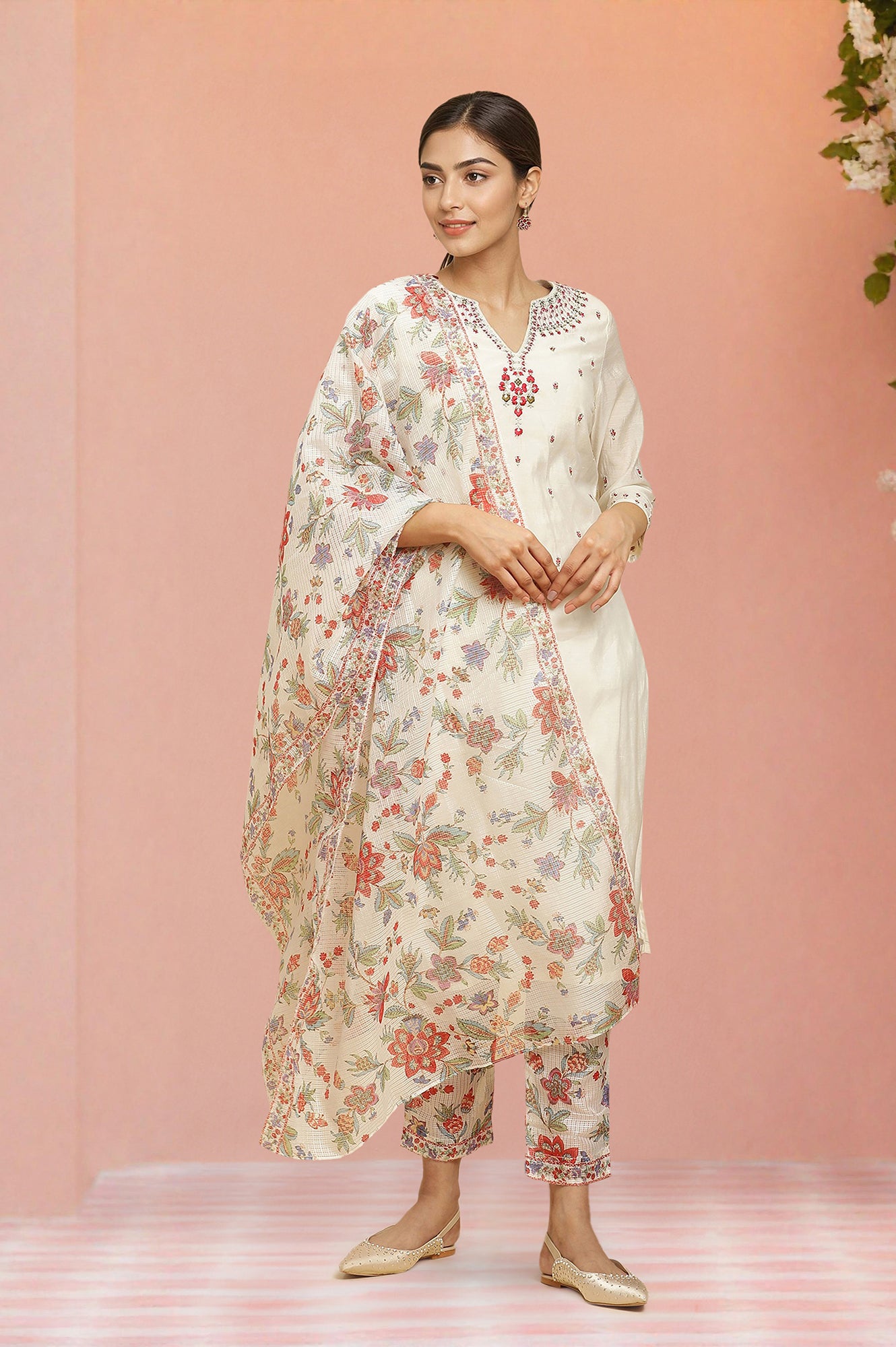 Ecru Chanderi Embroidered Kurta, Slim Pants And Dupatta Set